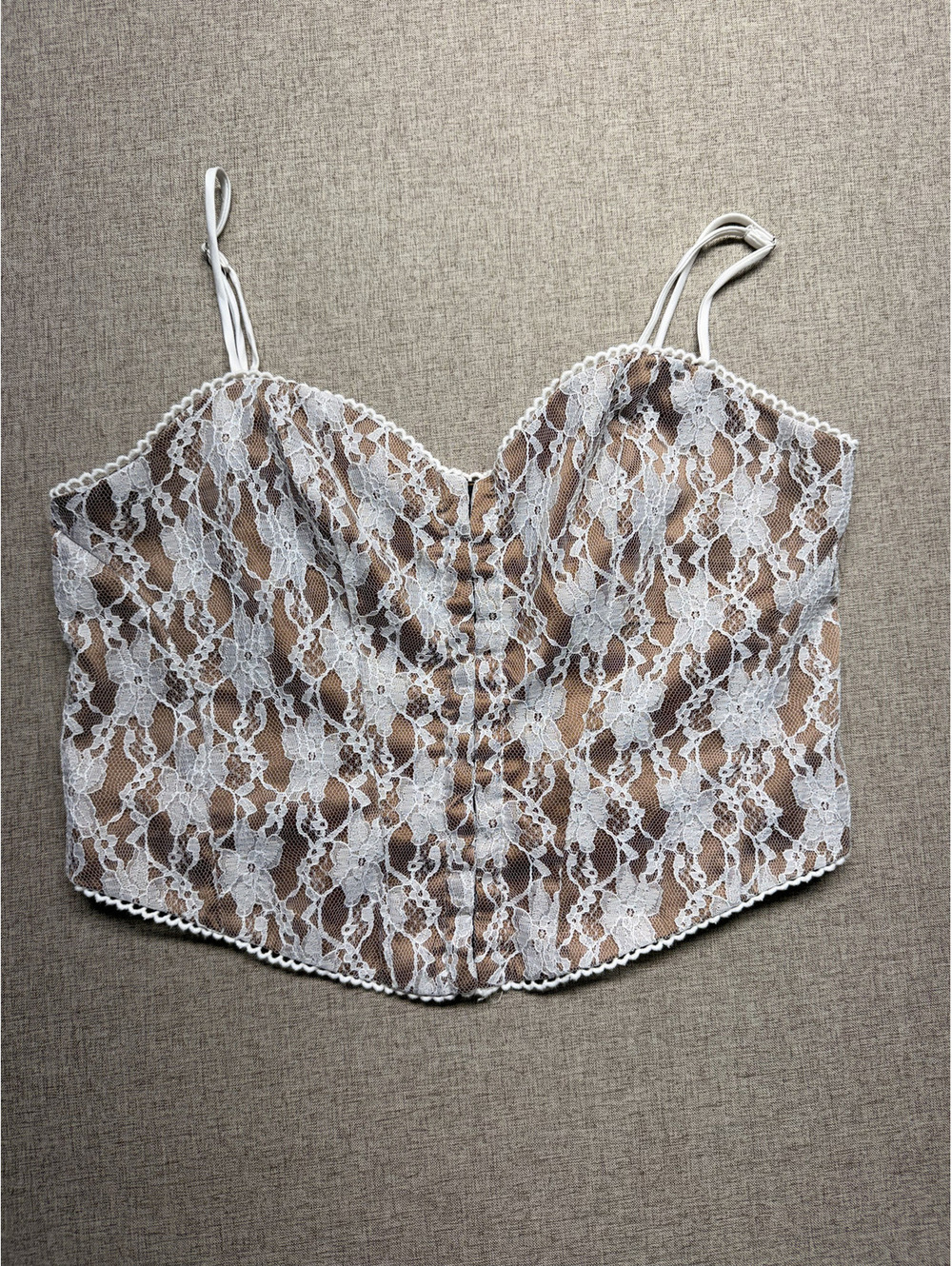 Beverly and Beck Medium Lace Corset Crop Top Brown Satin Hook Eye Bustier Cami